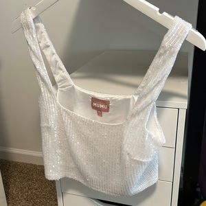 Show Me Your MUMU Tara Crop top in white sequin.
